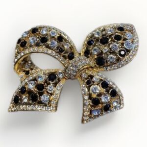 vintage Rhinestone Gold Tone Bow Estate Brooch Pin. Clear + Black Stones